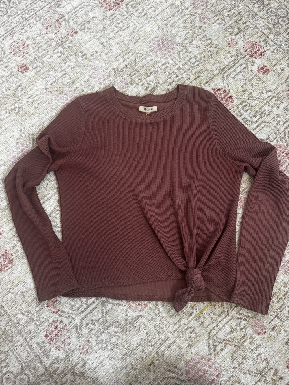 Madewell Ribbed Long-Sleeve Knot Front Top - Mauve Brown